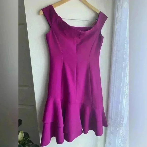 Eliza J Magenta Asymmetric Sheath Dress Ruffle Hem Cap Sleeve Off the Shoulder 4 - Picture 7 of 8